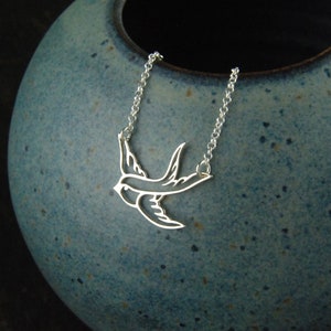 Small sterling silver bird in flight necklace, swallow, bird pendant, sparrow, bird necklace, bird charm, silver bird necklace image 1