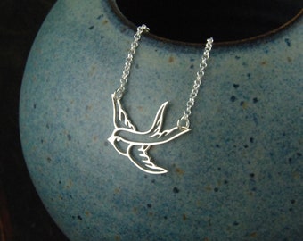 Small sterling silver bird in flight necklace, swallow, bird pendant, sparrow, bird necklace, bird charm, silver bird necklace