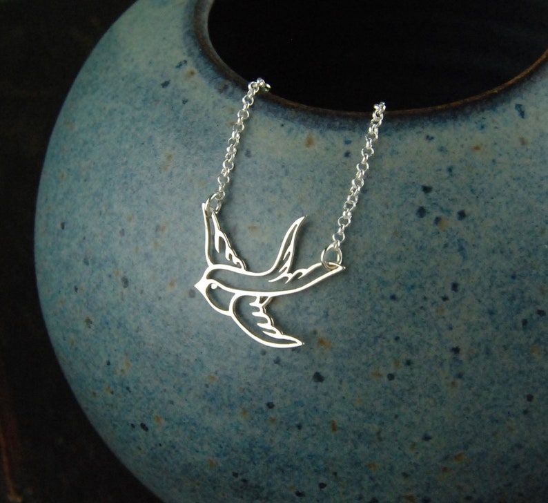 Small sterling silver bird in flight necklace, swallow, bird pendant, sparrow, bird necklace, bird charm, silver bird necklace image 1