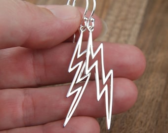 Large sterling silver lightning bolt earrings, silver bolt, heavens, cloud, silver earrings, nature, weather, sky