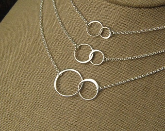 Linked circles necklace in sterling silver, connected circles, interlocking rings, eternity necklace, two circles, mother's day