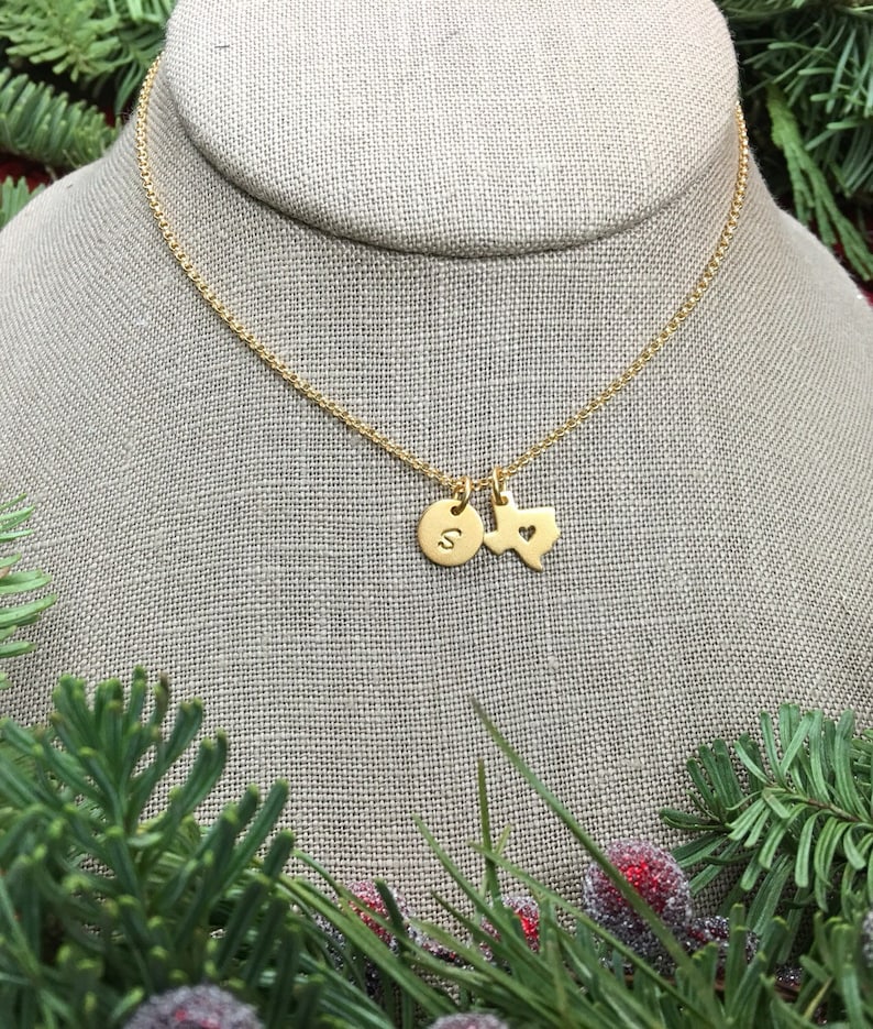 Gold Texas state charm with heart and initial necklace, gold filled chain, heart of Texas, customized, state of Texas, Texas necklace image 4