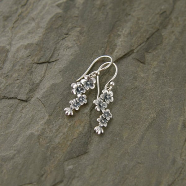 Cascading flower earrings in sterling silver, cherry blossom, silver flower, oxidized, cherry tree, petite earrings