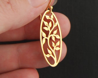 Gold vermeil oval tree of life pendant earrings, gold tree earrings, family tree jewelry, gold pendant earrings