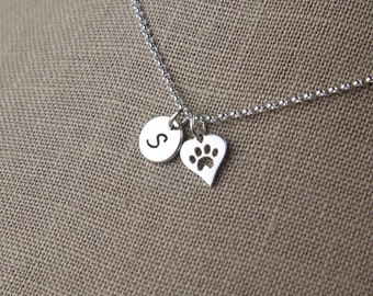 Small initial and heart shaped paw print charm necklace in sterling silver, heart charm, cat necklace, dog necklace, mother's day