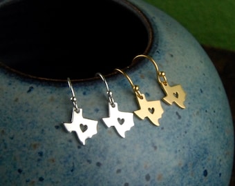 Texas state charm with heart earrings in sterling silver or gold, heart of Texas, lone star state, cowboy, western, Texas earrings