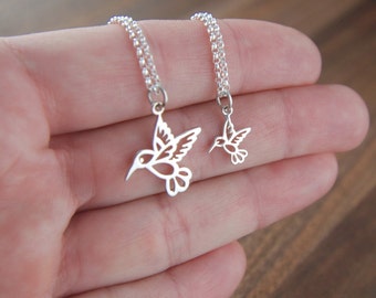 Mother and daughter sterling silver hummingbird necklaces, silver bird charm, mothers love, two necklaces, mother's day