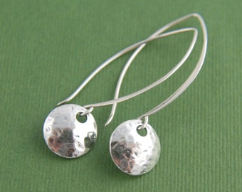 Hammered Sterling Silver Disc Earrings: Long Textured Dangles