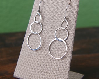 Sterling silver linked circle earrings, interlocking, three rings, entwined circles, infinity, fashion earrings