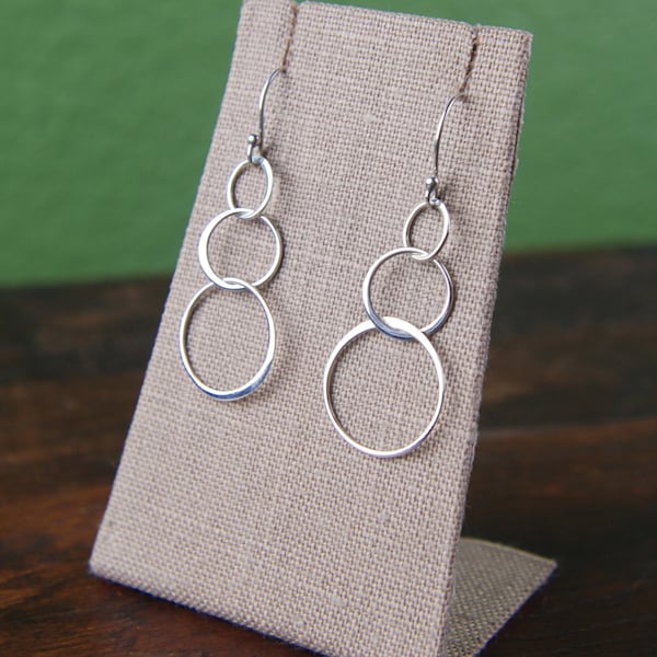 Sterling silver linked circle earrings, interlocking, three rings, entwined circles, infinity, fashion earrings