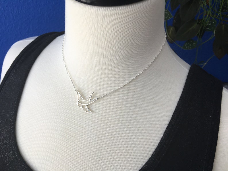 Small sterling silver bird in flight necklace, swallow, bird pendant, sparrow, bird necklace, bird charm, silver bird necklace image 2