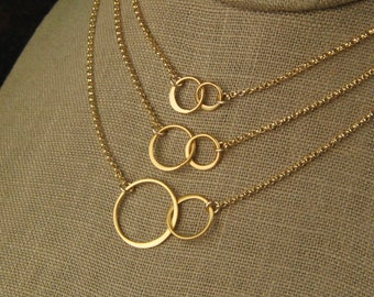 Gold entwined rings necklace, linked circles, gold circles, simple gold necklace, interlocking circles, infinity, mother's day