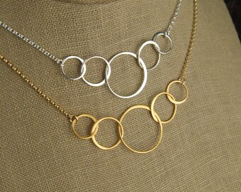 Five Linked Circles Necklace in Sterling Silver or Gold Entwined