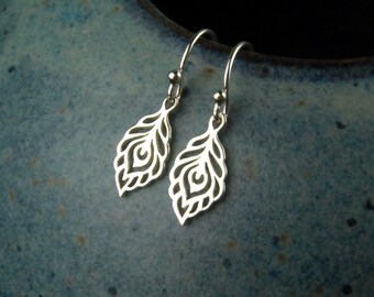 Sterling Silver Peacock Feather Earrings: Dangle Bird Jewelry