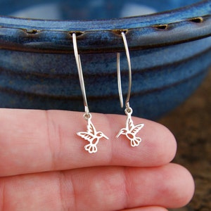 Tiny hummingbird charms and long earrings in sterling silver, sterling silver bird, bird earrings, tiny charms