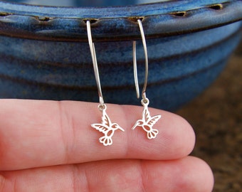 Tiny hummingbird charms and long earrings in sterling silver, sterling silver bird, bird earrings, tiny charms