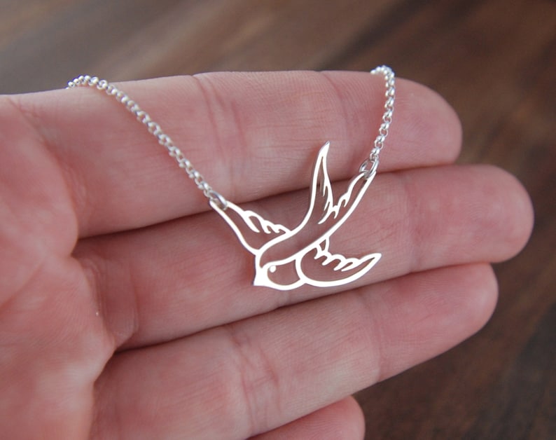 Small sterling silver bird in flight necklace, swallow, bird pendant, sparrow, bird necklace, bird charm, silver bird necklace image 3