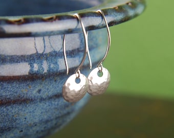 Hammered Sterling Silver Disc Earrings: Long Textured Dangles