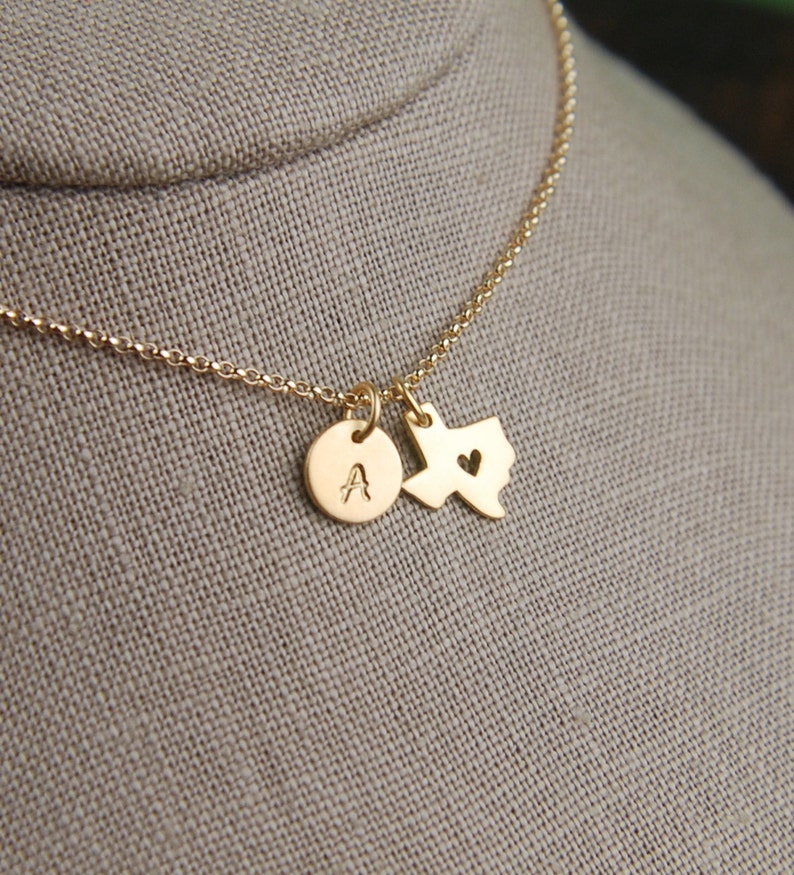 Gold Texas state charm with heart and initial necklace, gold filled chain, heart of Texas, customized, state of Texas, Texas necklace image 2