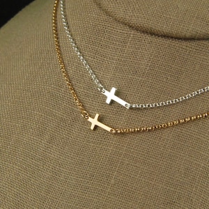 Sideways cross necklace, sterling silver cross, gold cross, tiny cross necklace, cross jewelry, side cross necklace, faith, layering