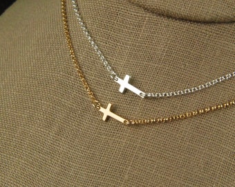 Sideways Cross Necklace: Sterling Silver, Gold Filled, Tiny Cross