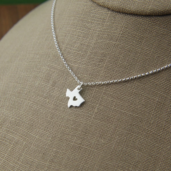 Texas state charm with heart necklace in sterling silver, heart of Texas, lone star state, cowboy, state of Texas, western, Texas necklace