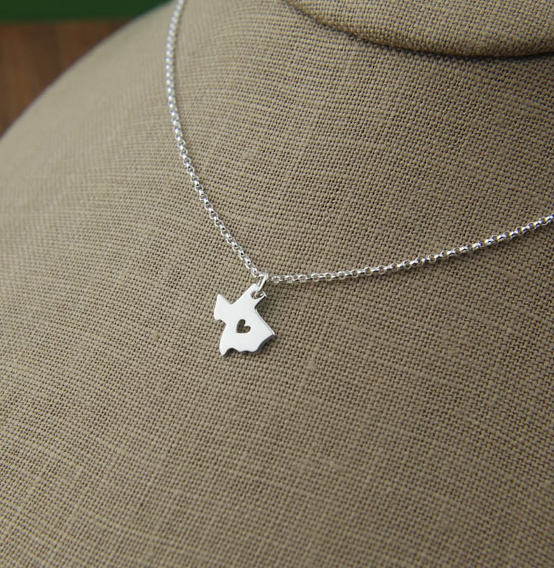 Texas state charm with heart necklace in sterling silver, heart of Texas, lone star state, cowboy, state of Texas, western, Texas necklace image 1