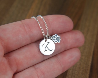 Sterling Silver Initial Necklace: Paw Print Charm, Personalized Pet Jewelry