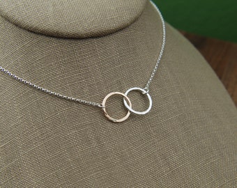 Sterling silver and gold filled hammered infinity links necklace, hammered circles, mixed metals, gold and silver, mother's day