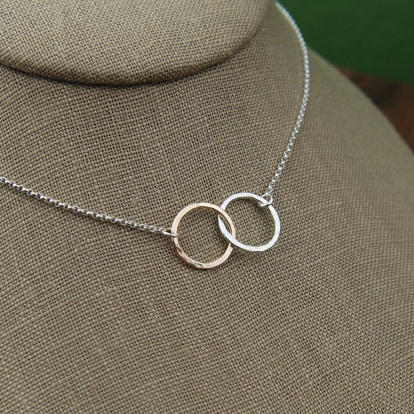 Sterling silver and gold filled hammered infinity links necklace, hammered circles, mixed metals, gold and silver, mother's day