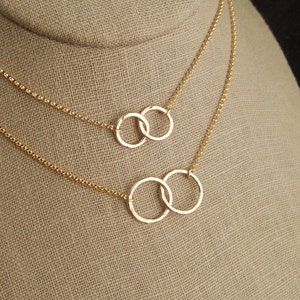 Gold filled hammered circle links and gold filled necklace, hammered rings, gold linked circles, entwined rings, connected