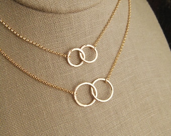 Gold filled hammered circle links and gold filled necklace, hammered rings, gold linked circles, entwined rings, connected