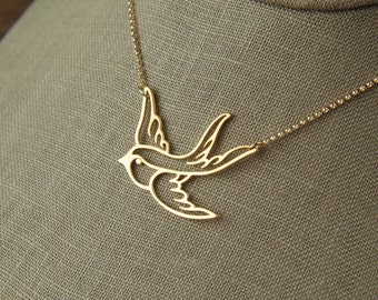 Gold bird in flight pendant and gold filled necklace, swallow, connector, gold bird necklace, gold necklace, sparrow, mother's day