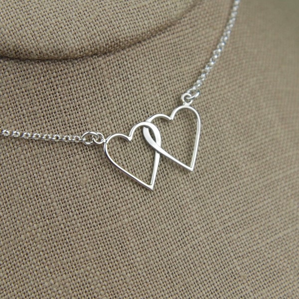 Connected hearts necklace in sterling silver, interlocking hearts, entwined hearts necklace, two hearts, linked hearts, silver hearts