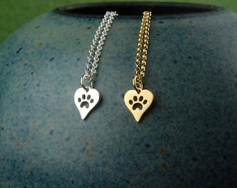 Heart shaped paw print charm necklace in sterling silver or gold, heart charm, cat paw, dog paw, heart charm, cat jewelry, dog jewelry, pets