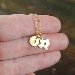Gold Texas state charm with heart and initial necklace, gold filled chain, heart of Texas, customized, state of Texas, Texas necklace image 3