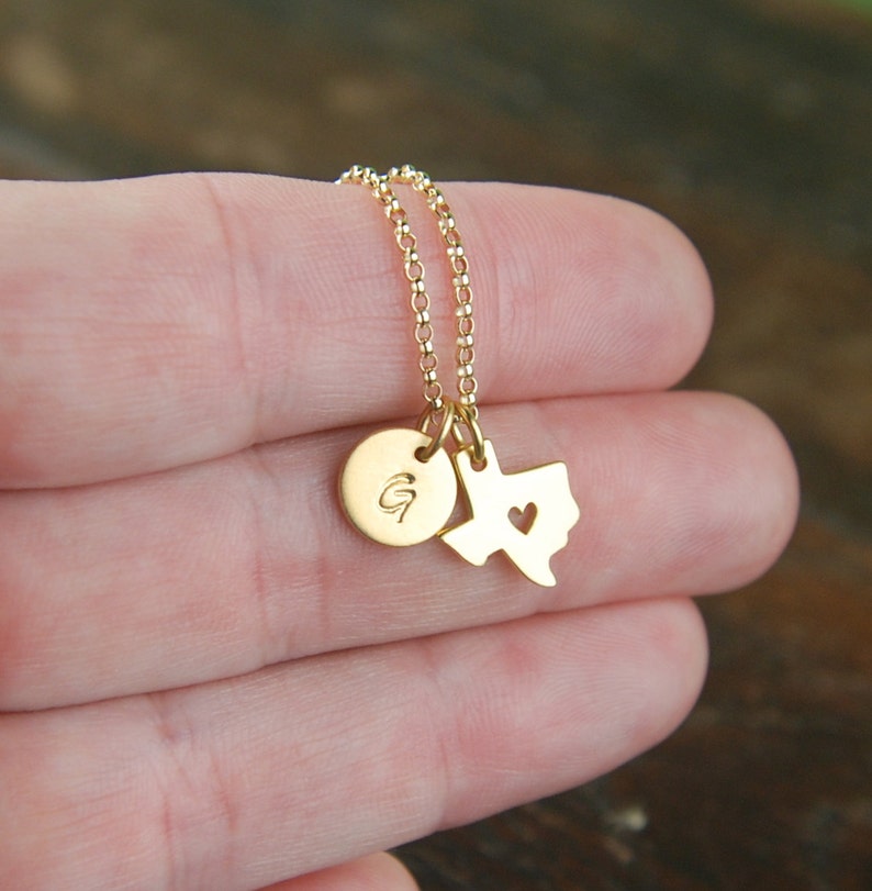 Gold Texas state charm with heart and initial necklace, gold filled chain, heart of Texas, customized, state of Texas, Texas necklace image 3