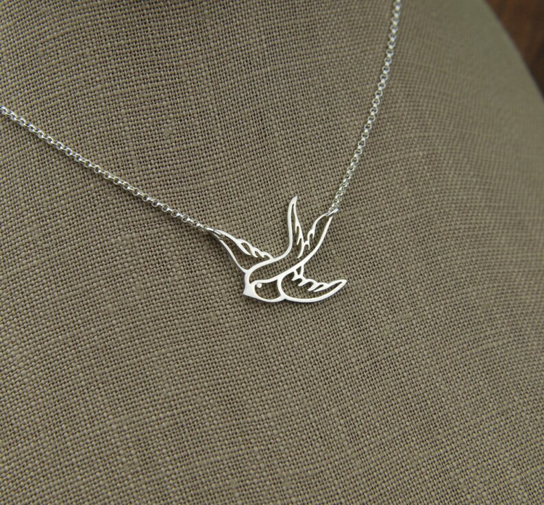 Small sterling silver bird in flight necklace, swallow, bird pendant, sparrow, bird necklace, bird charm, silver bird necklace image 4