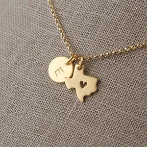 Gold Texas state charm with heart and initial necklace, gold filled chain, heart of Texas, customized, state of Texas, Texas necklace image 1