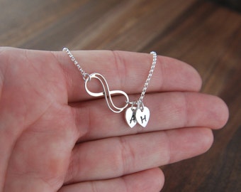Small double infinity necklace with initial charms in sterling silver, eternity necklace, infinity symbol, personalized, mother's day