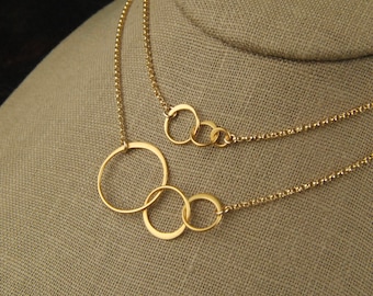 Gold entwined rings necklace, linked circles, gold circles, simple gold necklace, interlocking circles, three circles, connected circles