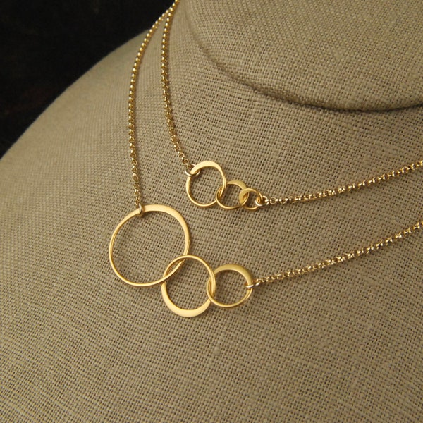 Gold entwined rings necklace, linked circles, gold circles, simple gold necklace, interlocking circles, three circles, connected circles