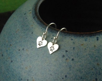 Sterling silver paw print heart charm earrings, heart charm, cat paw, dog paw, heart charm, cat jewelry, dog jewelry, pets, mother's day