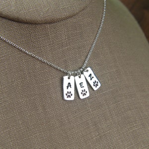 May include: Silver necklace with three rectangular tags, each with a letter and a paw print. The letters are A, E, and N.