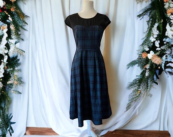 Vintage eShakti Custom Dress. Cap Sleeves. Polyester Top | Wool Plaid Bodice & Skirt. Size S. Cottage Core Fashion