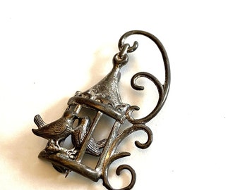 Vintage Lang Sterling Silver Bird Cage Brooch. Pin, Costume Jewelry Gift.