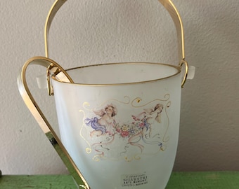 Wiaderko do lodu Murano. Lata 60. XX wieku, MCM Creazioni Silvertri Arte, Włochy. Szkło marmurkowe – cherubiny. Oryginalne szczypce.