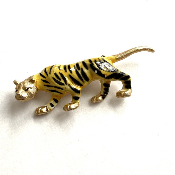 Vintage Signed Jonette Jewelry Tiger Brooch. JJ Enamel Big Cat Costume Jewelry Pin. Full Body Tiger Cat.