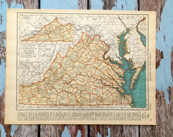 1937 Virginia Antique Map. Old State Map of Virginia. Historical Print, Lithograph for Framing. Beautiful 81 Year Old Map of Virginia