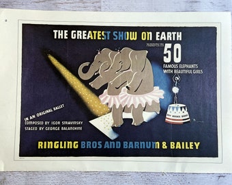 Barnum Bailey & Ringling Brothers Circus Poster. Vintage Ephemera Poster to Frame 16x11." 1970s Printing of 1942 Original Engraving. WWII